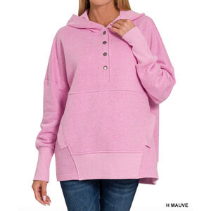 Oversized size XL mauve pink hooded pullover sweatshirt V-neck with snap buttons